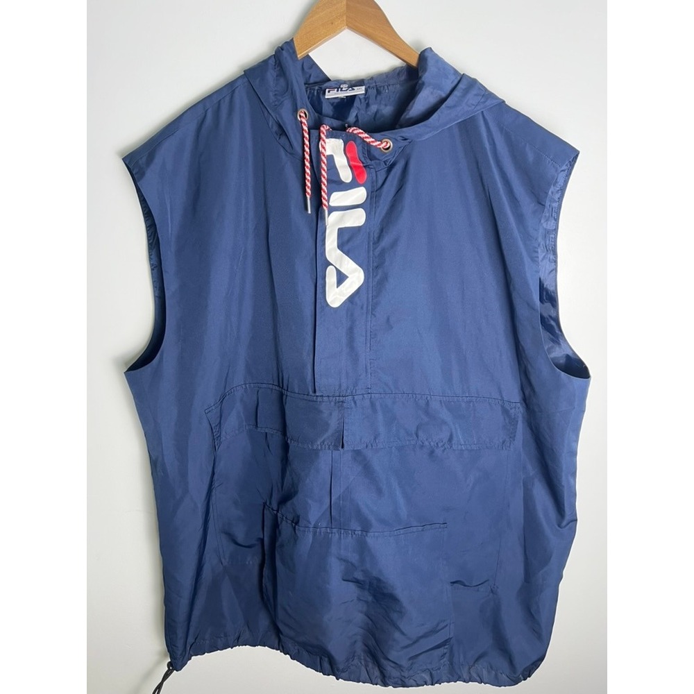 Fila Mens Sleeveless Hooded Windbreaker Anorak‎ Navy Blue 3XL Vest Pouch Pocket